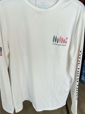 Vineyard Vines White Long-Sleeve Performance Tee with Red & Navy Accents